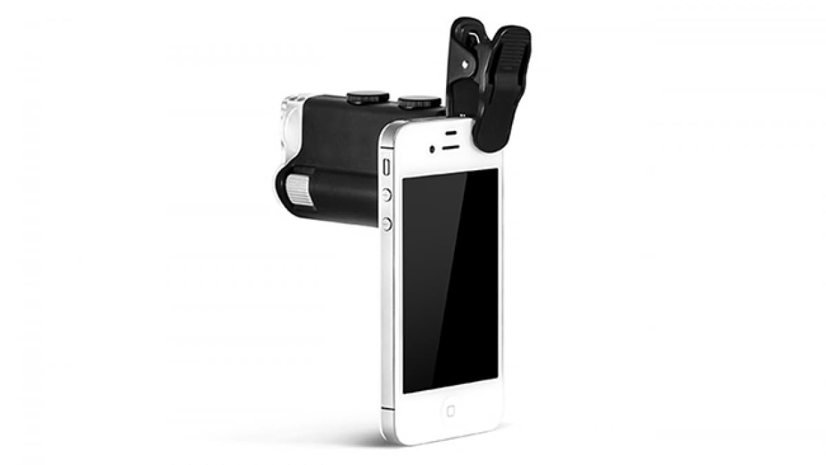 KONUS KONUSCLIP Microscopio Tascabile per Smartphone, Dimensioni Molto Ridotte Luce Led e UV, Zoom 60x-100x